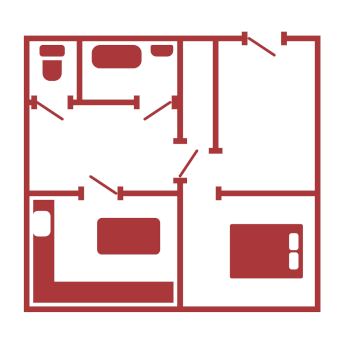 A red drawing of a room with furniture.